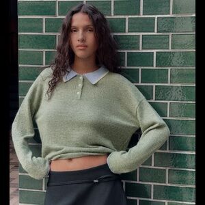 Zara Olive Knit Sweater with White Collar